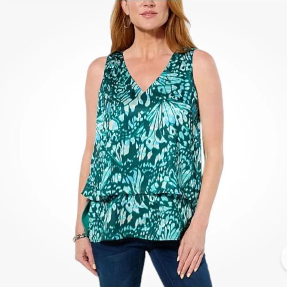 DG2 by DianeGilman Women's Silk V-Neck Easy Tank Rainforest Butterfly Sz 3X NWT